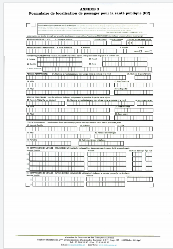 Conditions sanitaires pour le transport aérien des passagers à destination du Sénégal