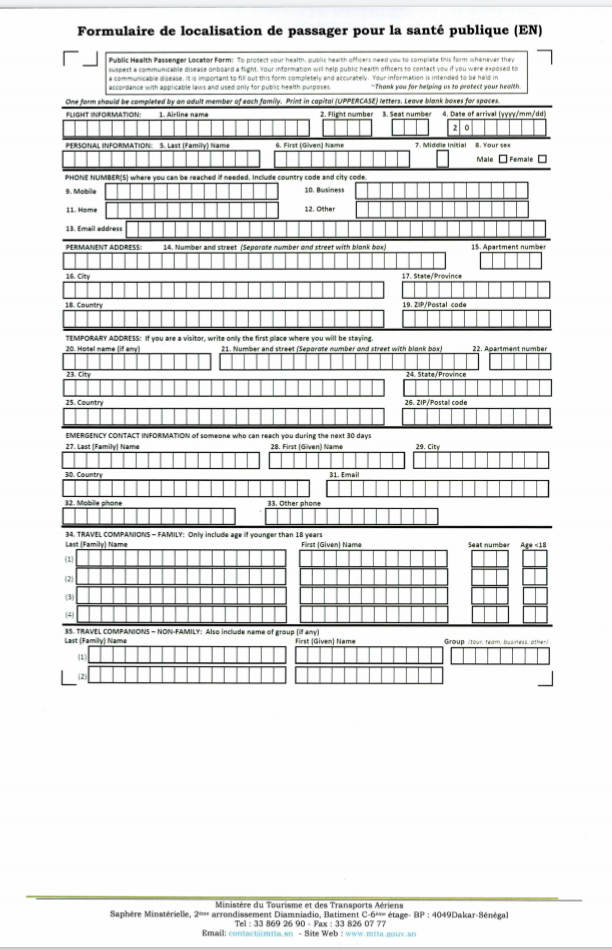 Conditions sanitaires pour le transport aérien des passagers à destination du Sénégal