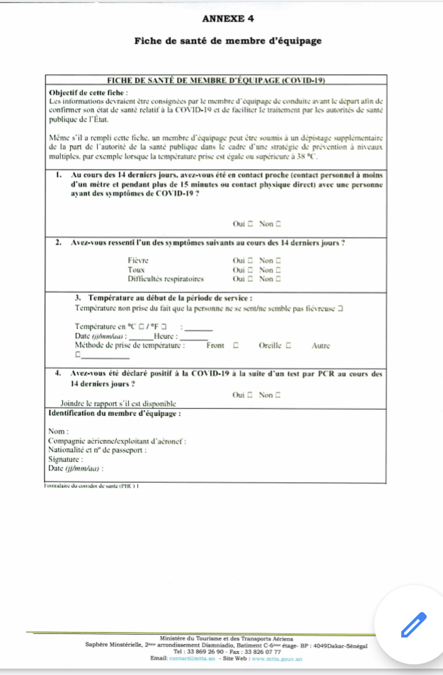 Conditions sanitaires pour le transport aérien des passagers à destination du Sénégal