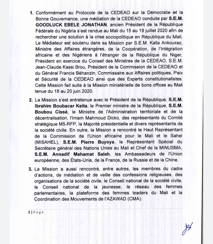 Sortie de crise au Mali : déclaration de la mission de médiation de la CEDEAO (documents)