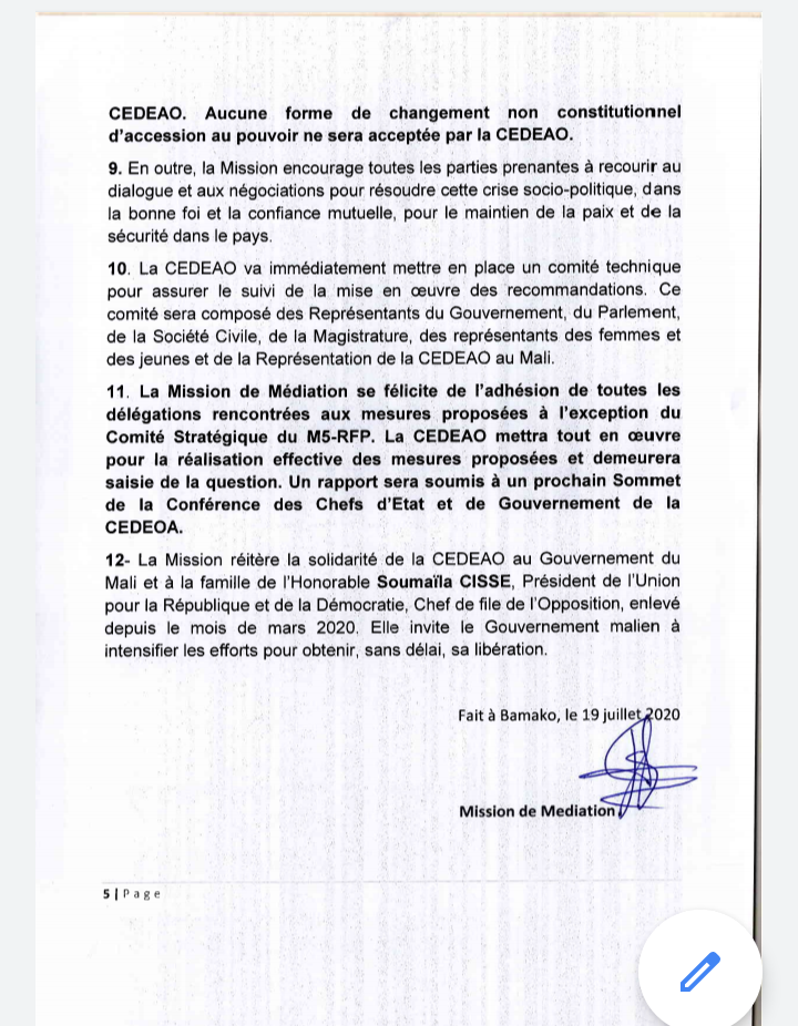 Sortie de crise au Mali : déclaration de la mission de médiation de la CEDEAO (documents)