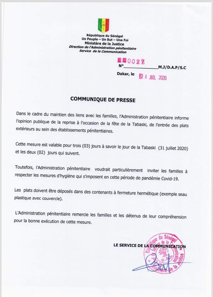 Tabaski: L’Administration pénitentiaire ouvre ses portes aux familles des détenus pour les plats extérieurs