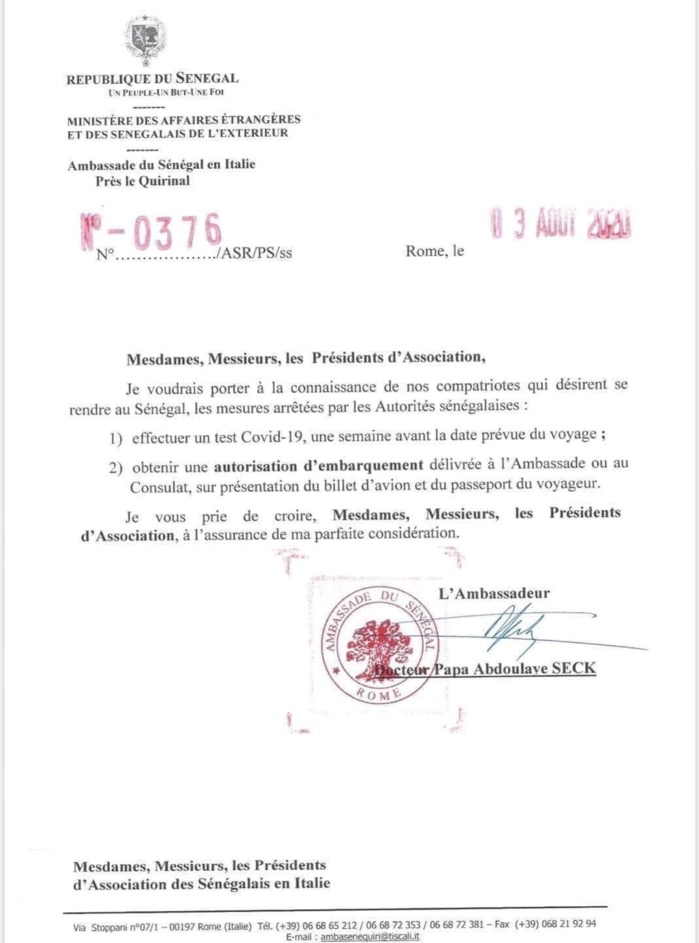 COVID-19 : Les Sénégalais résidents en Italie qui désirent rentrer au pays doivent désormais présenter un test