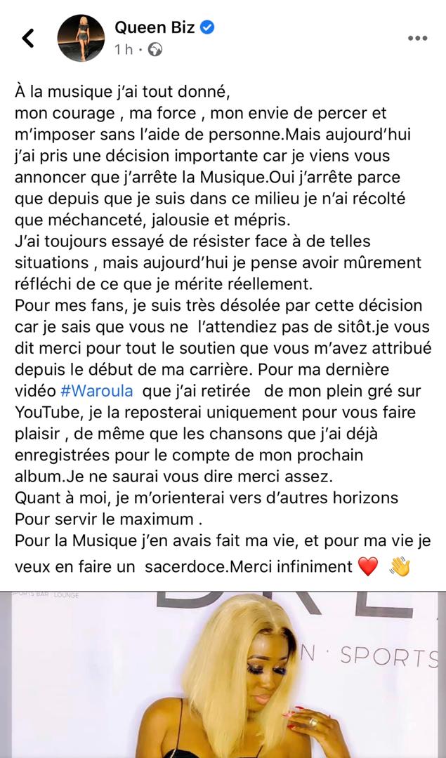 La chanteuse Queen Biz annonce la fin de sa carrière musicale