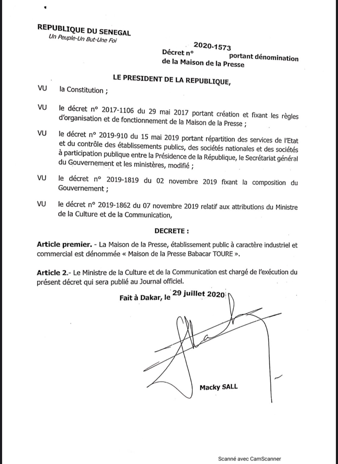 Le Décret portant dénomination de la Maison de la Presse publié