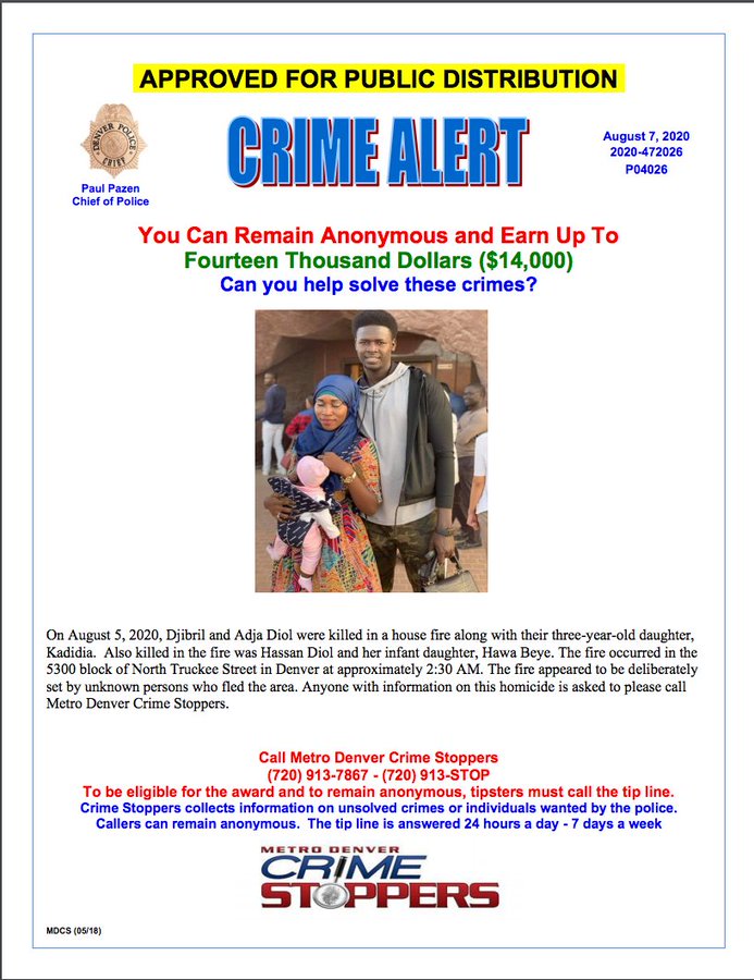 La police de Denver met une récompense de 14 000 dollars pour des infos sur les auteurs de l'incendie qui a tué 5 Sénégalais