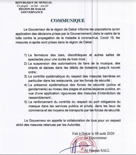 Fermeture des bars, discothèques et autres : le gouverneur de la région de Dakar sort son arrêté