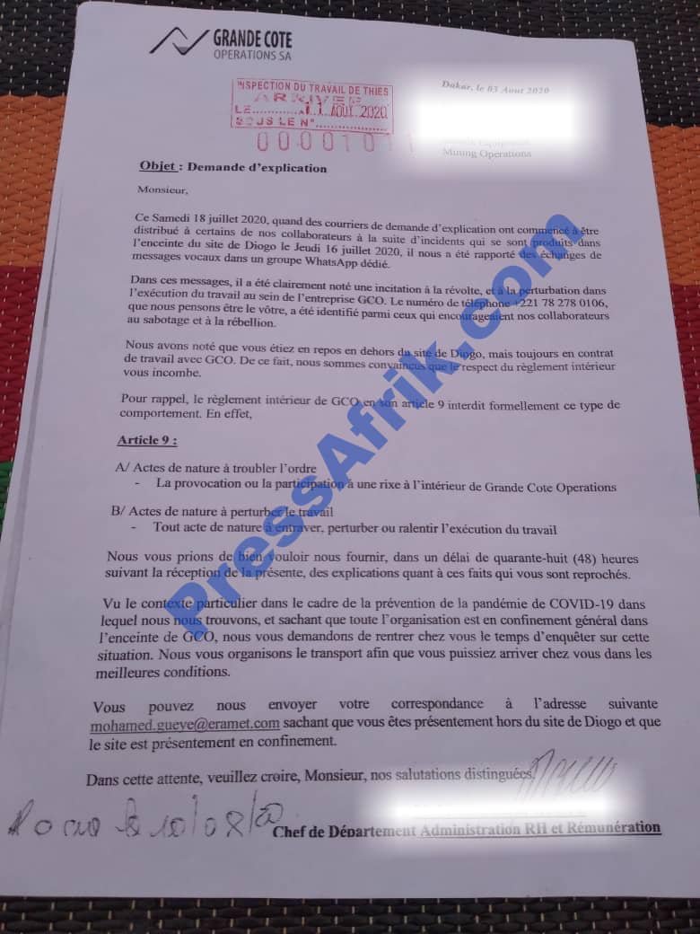 Le Demande d'explication, datant du 03 août, servie à un des 22 employés licenciés