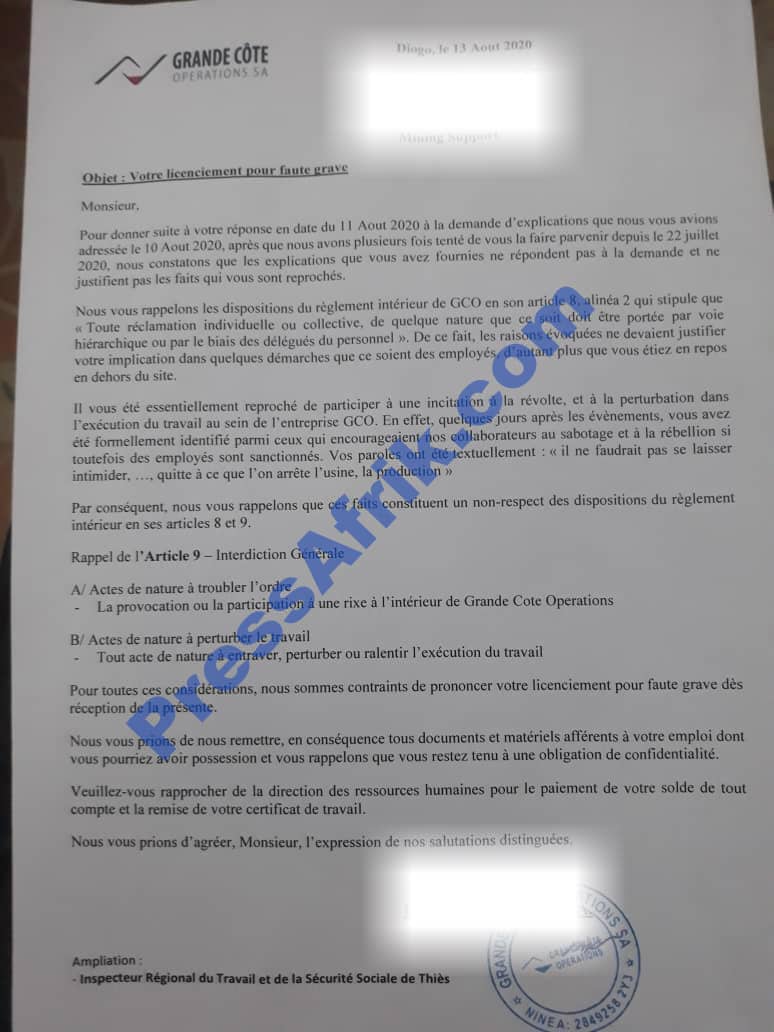 La Lettre de licenciement servie au même employé le 13 août 2020