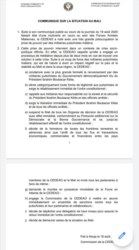 Mali: la Cedeao bande les muscles et menace les putschistes (Communiqué)
