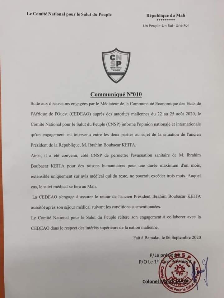 Mali: le CNSP trouve un accord avec la Cédéao pour l’évacuation sanitaire de IBK à l’étranger (Document)
