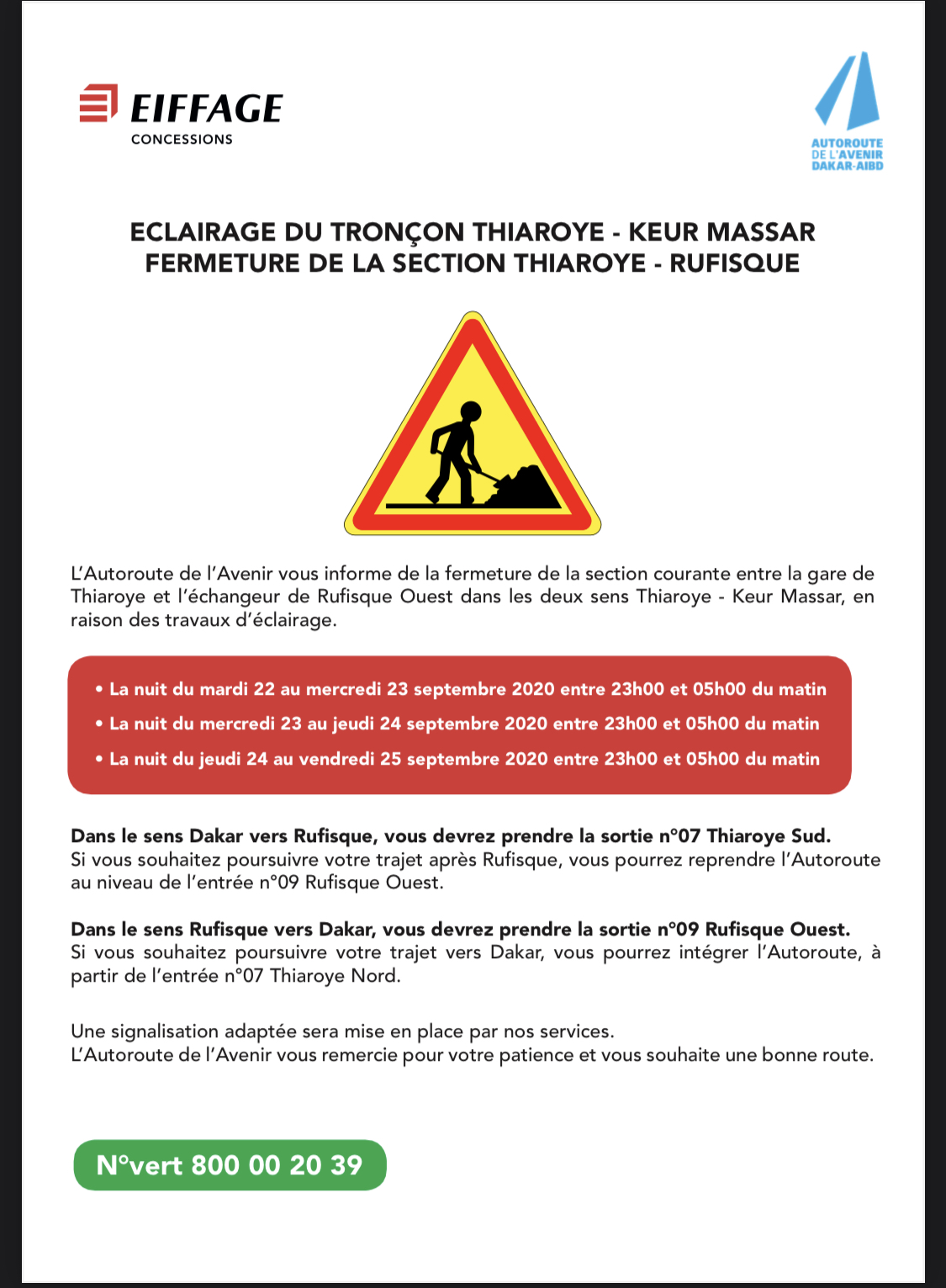 Travaux d’éclairage tronçon Thiaroye-Keur Massar: Jours et heures de fermetures de la section Thiaroye-Rufisque (Autoroute de l’Avenir)