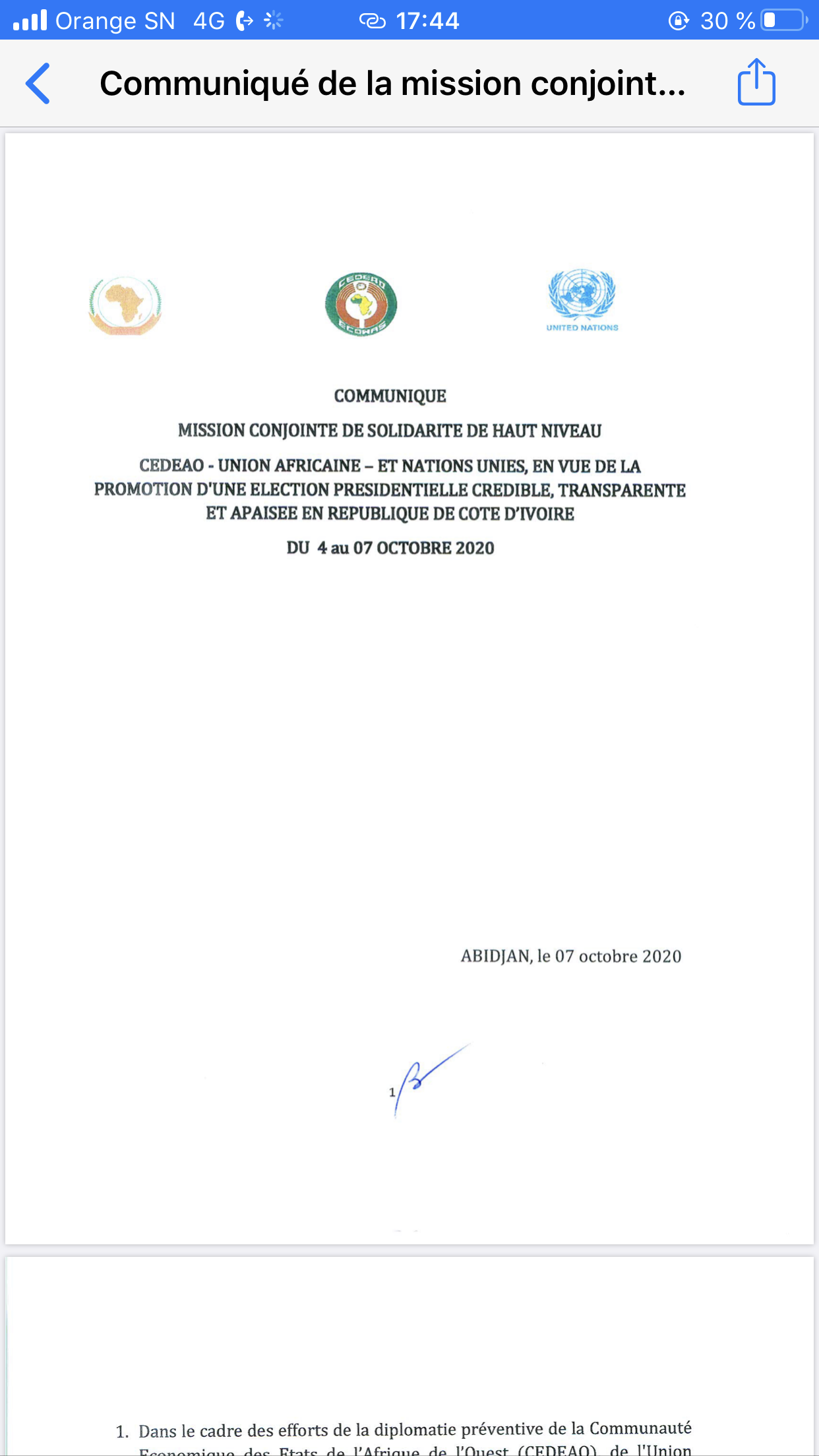 Présidentielle ivoirienne: la mission conjointe de la CEDEAO et l'ONU encouragent les parties prenantes à sécuriser le processus électoral ( Document)