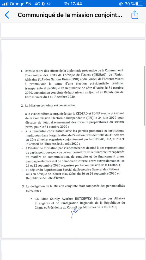 Présidentielle ivoirienne: la mission conjointe de la CEDEAO et l'ONU encouragent les parties prenantes à sécuriser le processus électoral ( Document)