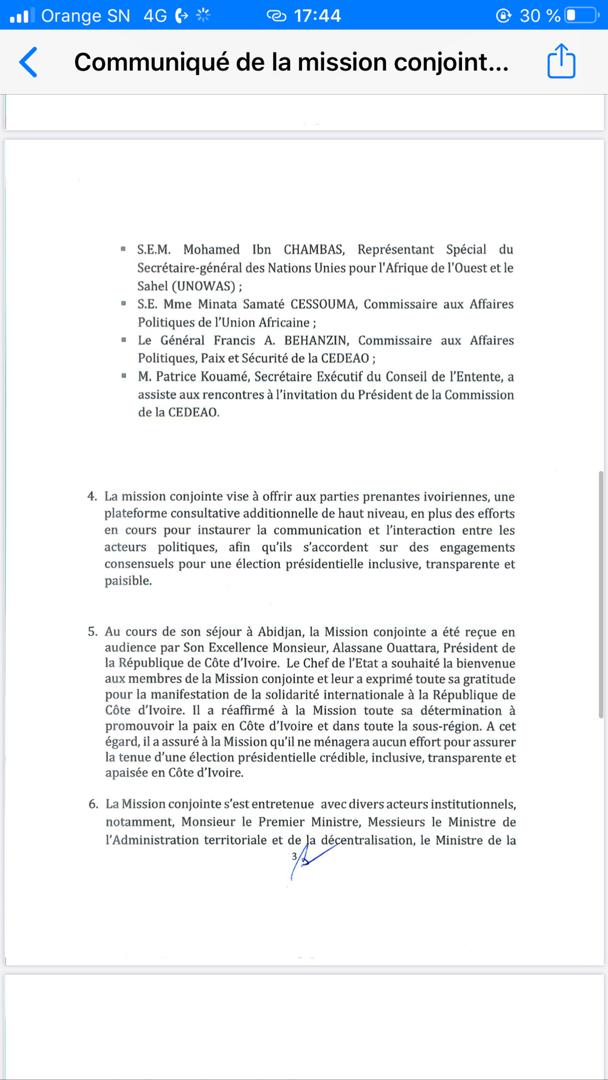 Présidentielle ivoirienne: la mission conjointe de la CEDEAO et l'ONU encouragent les parties prenantes à sécuriser le processus électoral ( Document)