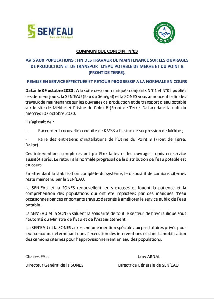 Sen Eau et Sones annoncent la fin des travaux de maintenance sur les ouvrages de Mekhé et Point B