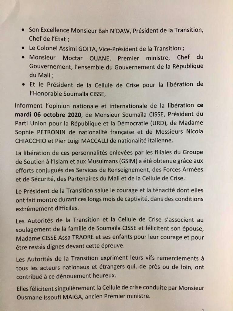 Le Gouvernement malien annonce officiellement la libération de Soumaila Cissé (Communiqué)