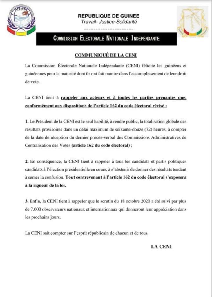 Présidentielle guinéenne : la CENI appelle les candidats à «s'abstenir à donner des résultats tendant à semer la confusion»