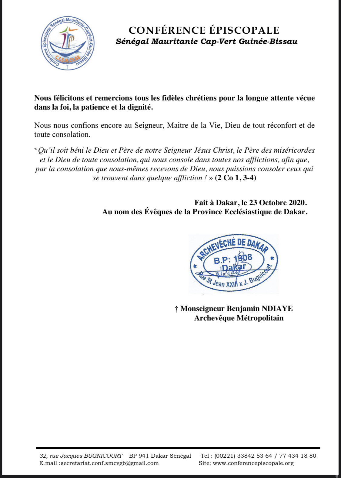 La Province ecclésiastique de Dakar annonce la réouverture des Eglises à partir du 1er novembre