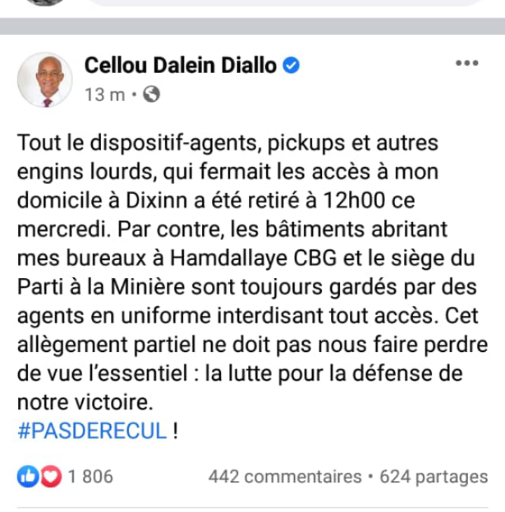 Guinée :  Cellou Dalein Diallo annonce la levée du dispositif sécuritaire au tour de son domicile