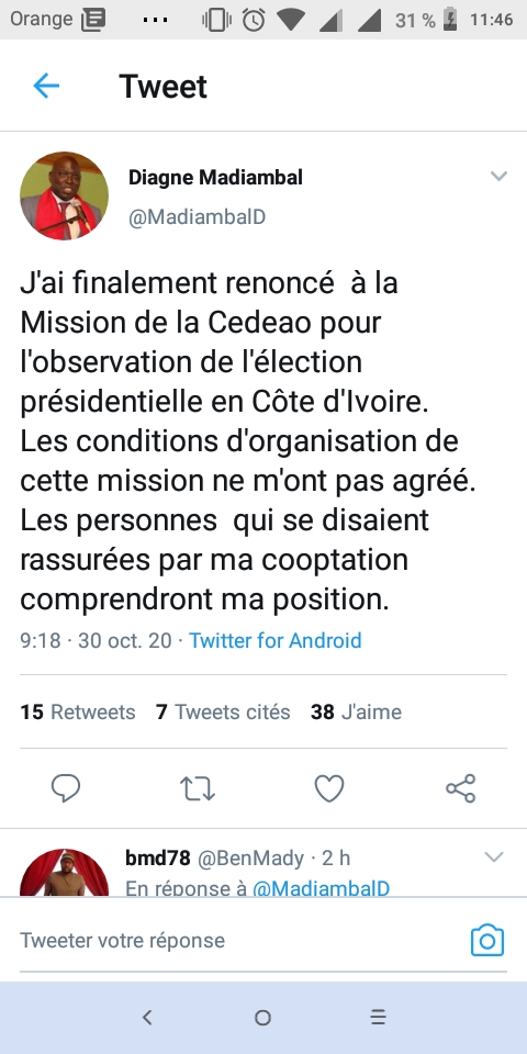  Présidentielle Cote d'Ivoire : désigné membre de la mission de la CEDEAO, Madiambal Diagne renonce