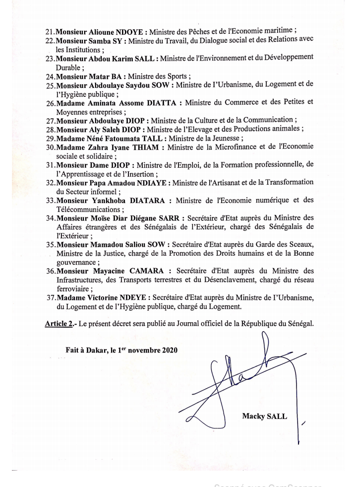 Macky Sall forme un gouvernement de 33 ministres et 4 secrétaires  d'État (Document)