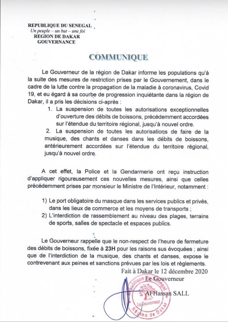 Covid-19: suspension des autorisations exceptionnelles de faire de la musique et d'ouverture des débits de boissons (Gouverneur de Dakar)