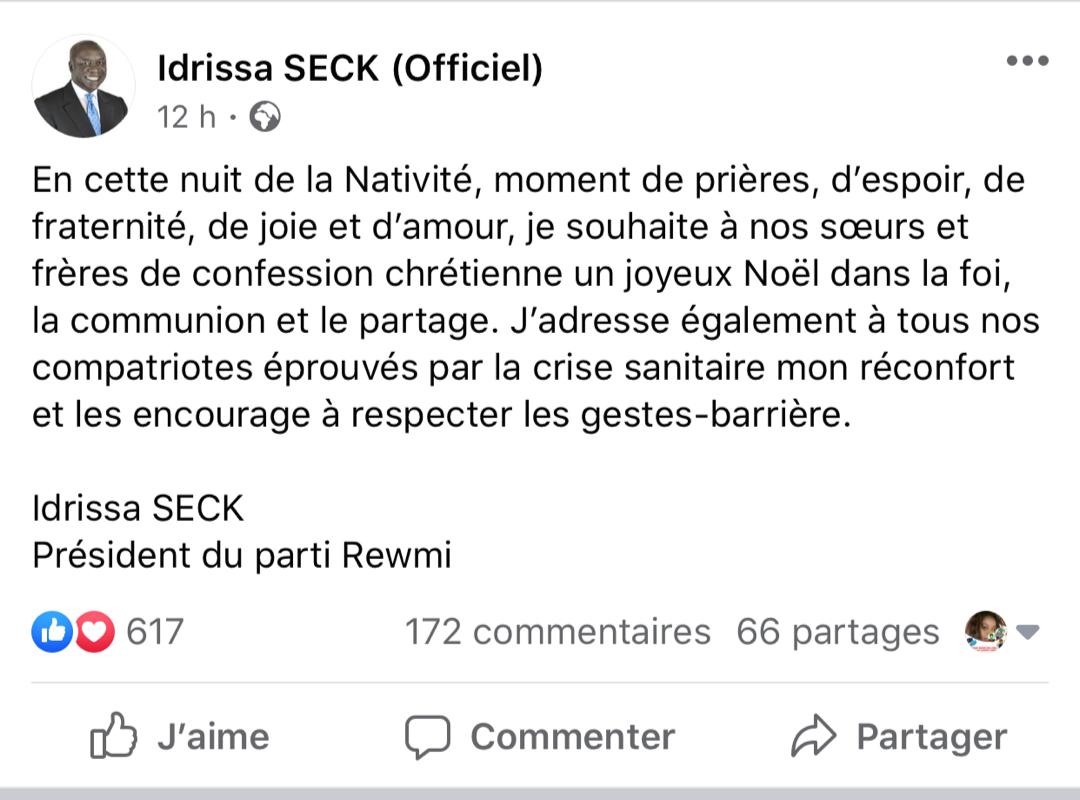 Noël-2020: le message d'Idrissa Seck à la communauté chrétienne