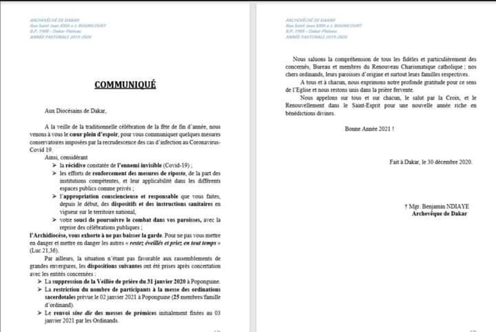 Covid_19 et 31 décembre au Sénégal: l'Eglise catholique annule la messe du réveillon de nouvel an