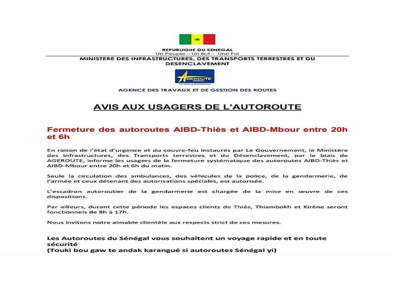 Couvre-feu : les axes Aibd-Thiès et Aibd-Mbour fermés entre 20 heures et 6 heures du matin (Document)
