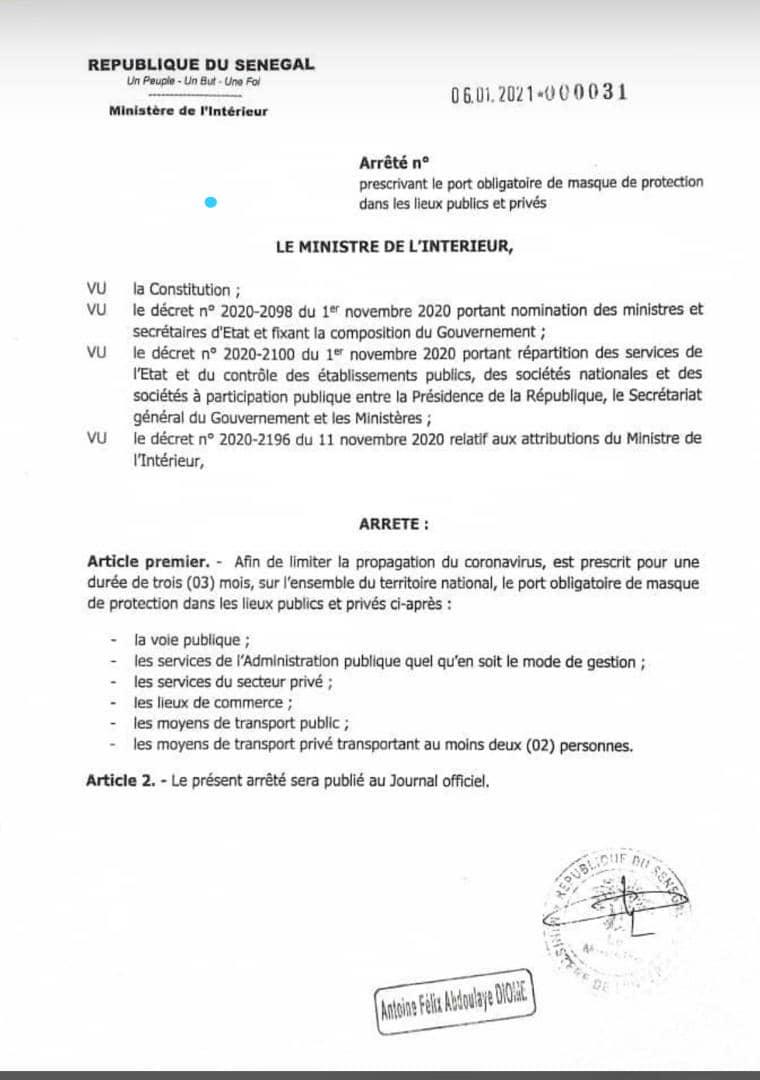 #Covid_19sn: Le port de masque désormais obligatoire sur la voie publique (document)