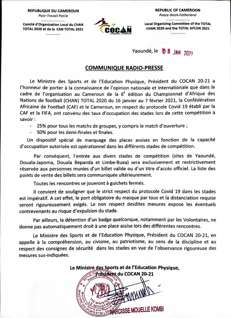 Cameroun: le CHAN 2021 va se disputer en présence du public (Communiqué)