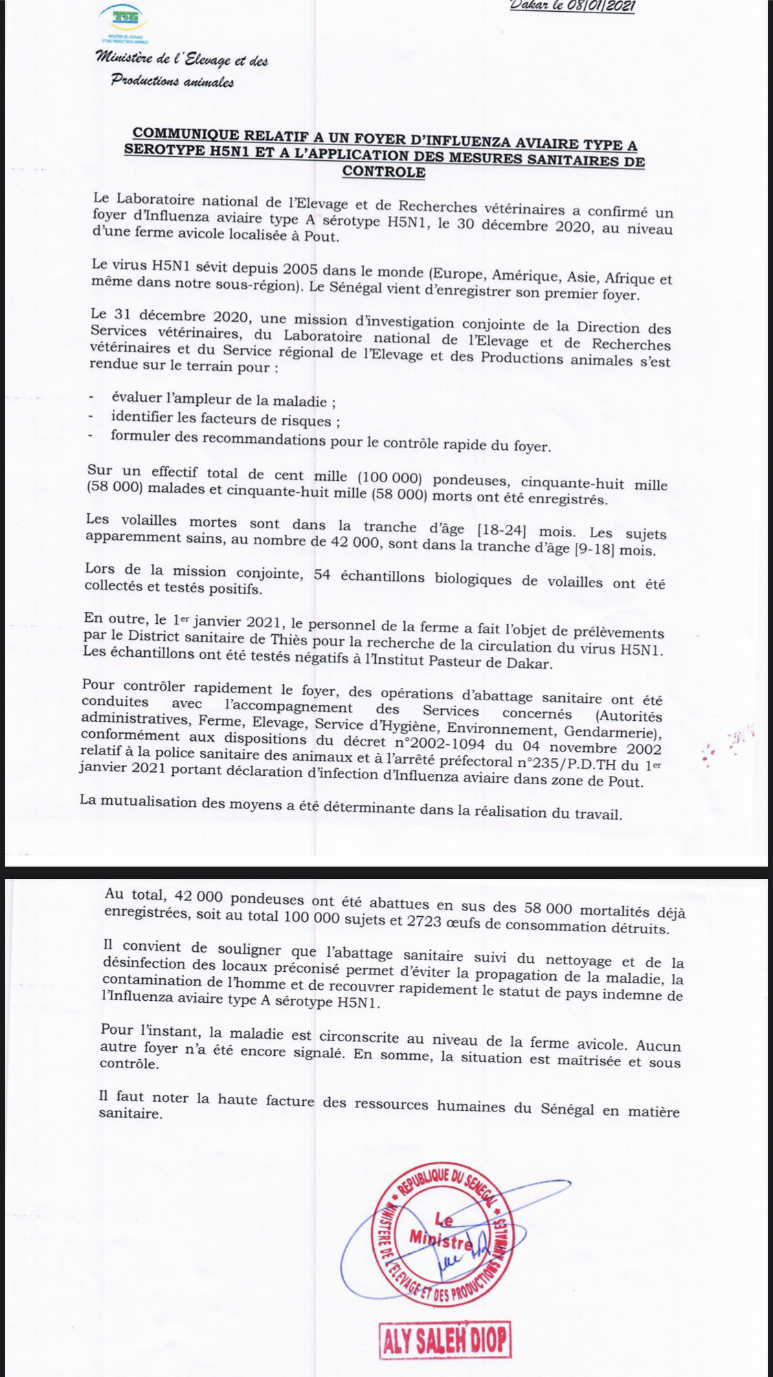 Foyer Influenza Aviaire de type H5N1 découvert à Pout: « la situation est maîtrisée », assure le ministre de l’Elevage
