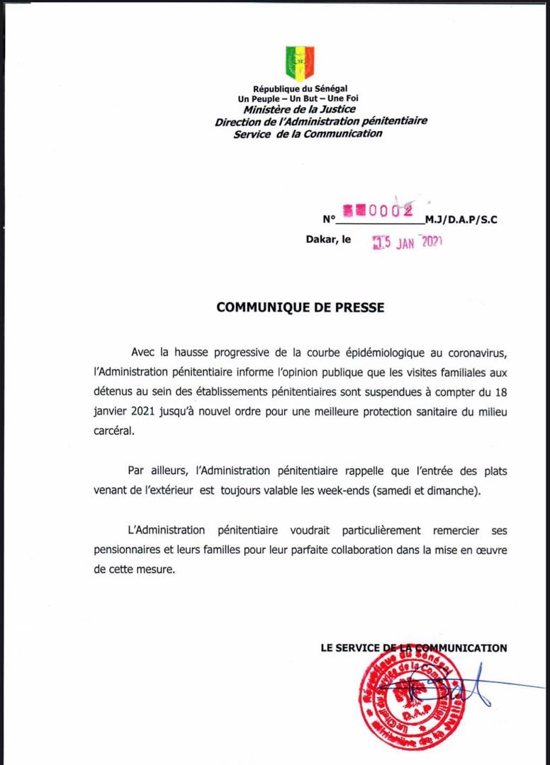 Covid-19: l’administration pénitentiaire suspend encore les visites aux prisonniers