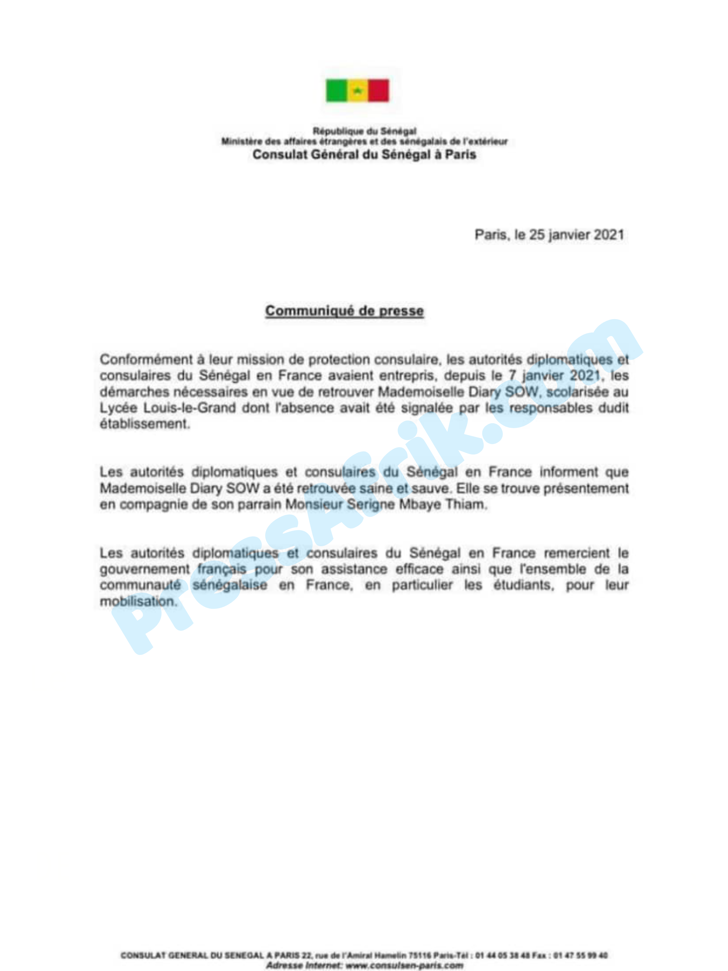 Paris: Diary Sow se trouve présentement en compagnie de son parrain Serigne Mbaye Thiam (Consulat)