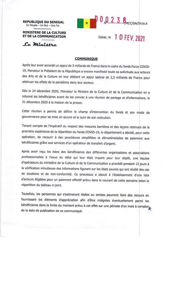 2,5 milliards F Cfa alloués aux acteurs des Arts et de la Culture : Voici la liste des bénéficiaires