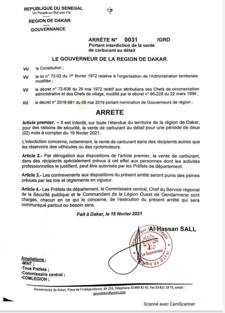 Le Gouverneur de Dakar interdit la vente de carburant au détail (arrêté)