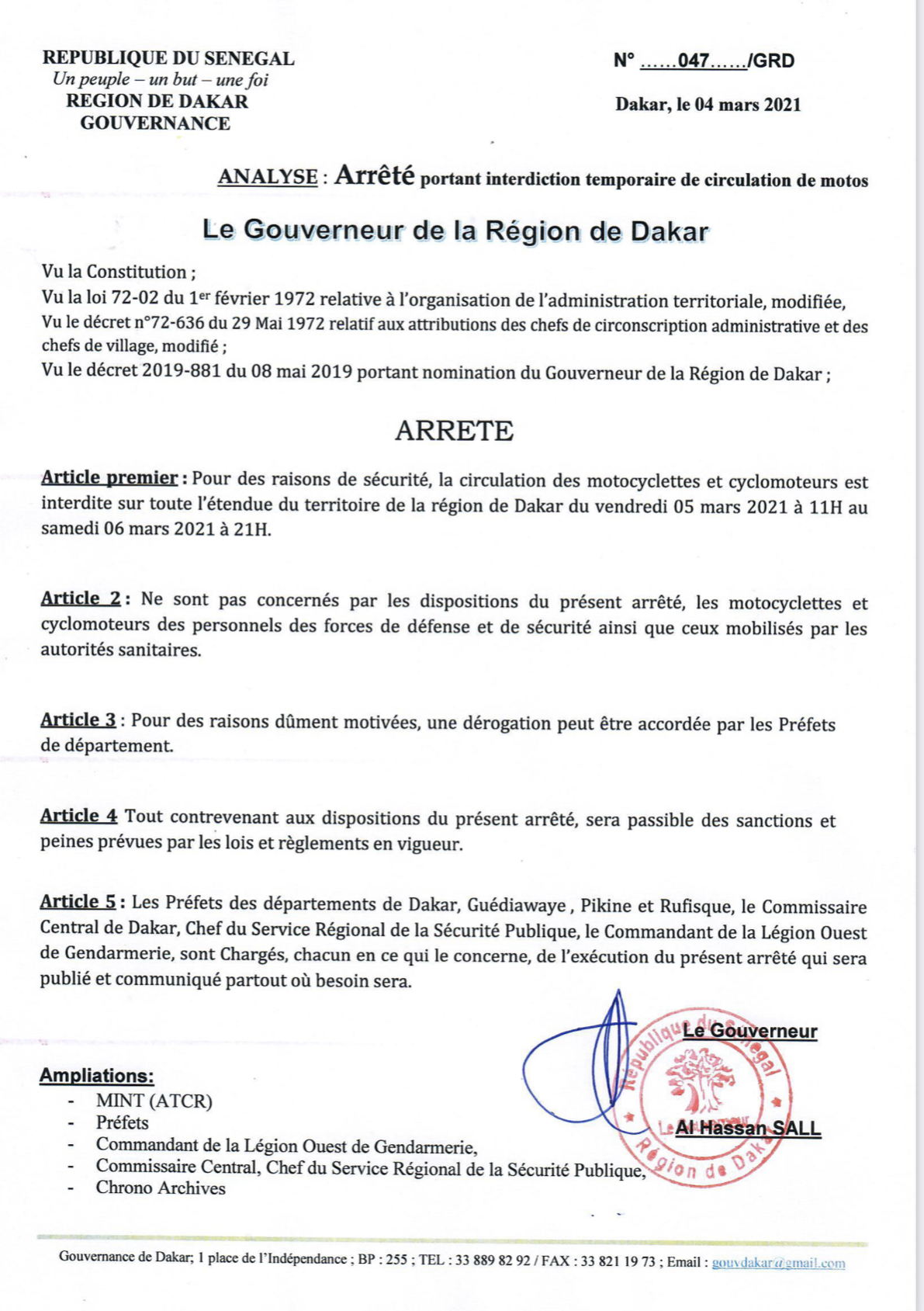 Affaire Ousmane Sonko : Le gouverneur interdit la circulation des motos et scooters