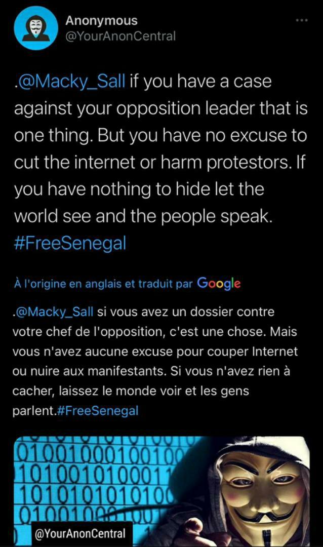 Coupure d'Internet au Sénégal: La Ligue des hackers (Anonymous) menace Macky Sall