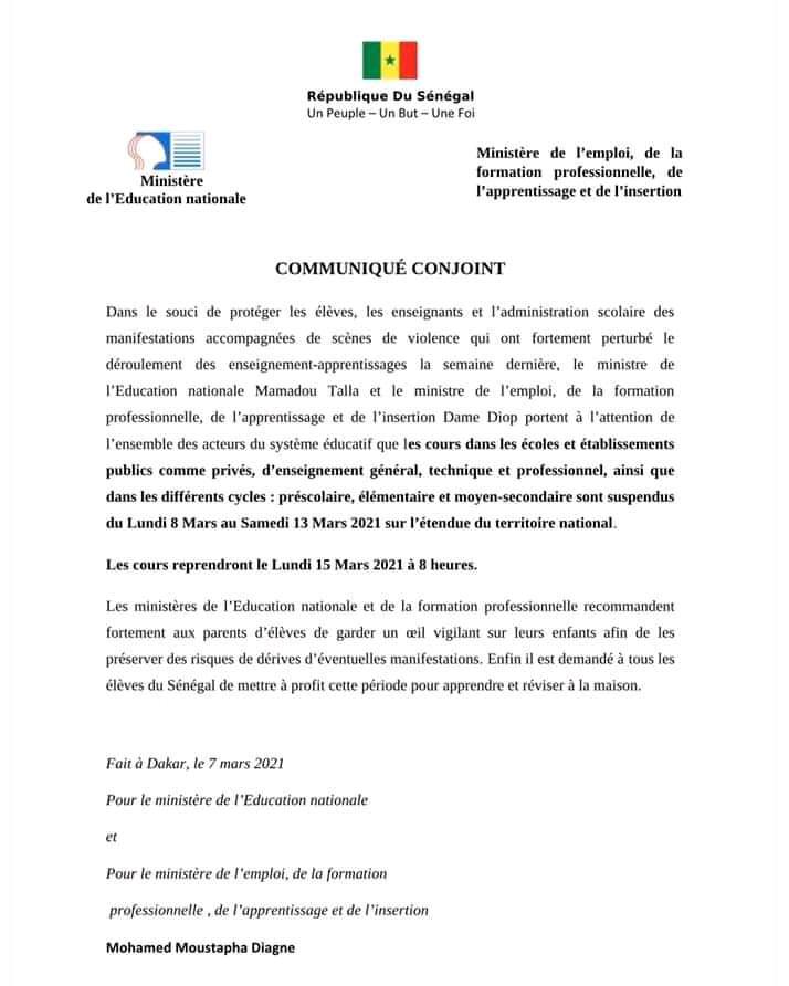 Sénégal: Les cours suspendus jusqu’au 15 mars 2021 sur l'étendue du territoire national