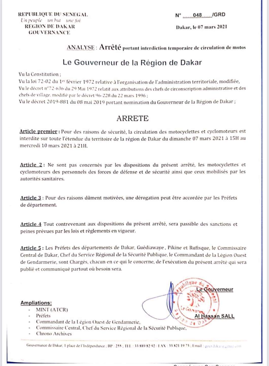 Le gouverneur de Dakar interdit la circulation des deux roues jusqu’au 10 mars