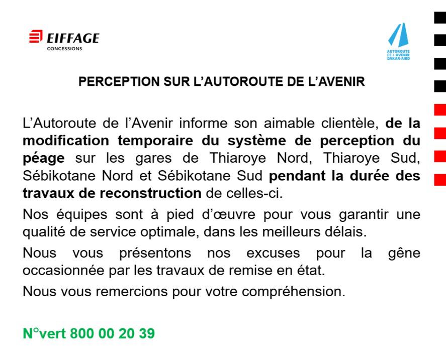L'Autoroute de l'Avenir annonce la modification temporaire du système de perception du péage de 4 de ses gares