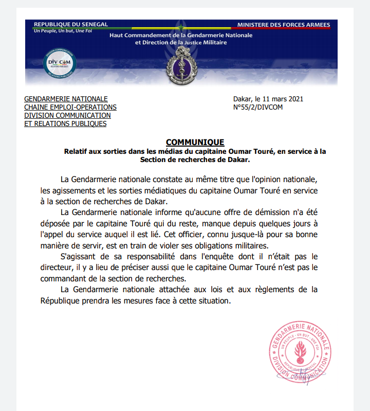 Sortie médiatique du Capitaine Touré: La Gendarmerie nationale va "prendre des mesures" 