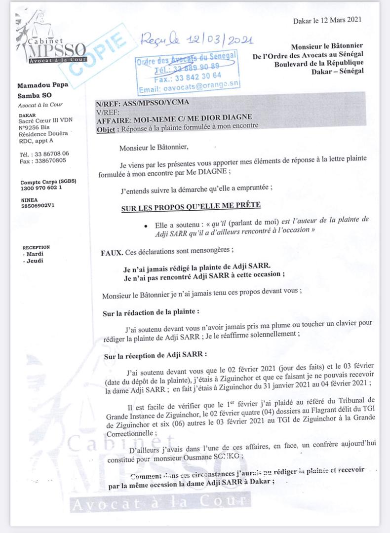 Me Papa Samba So dit n'avoir jamais rédigé la plainte de Adji Sarr, et entend poursuivre en retour Me Diagne pour "dénonciation calomnieuse"