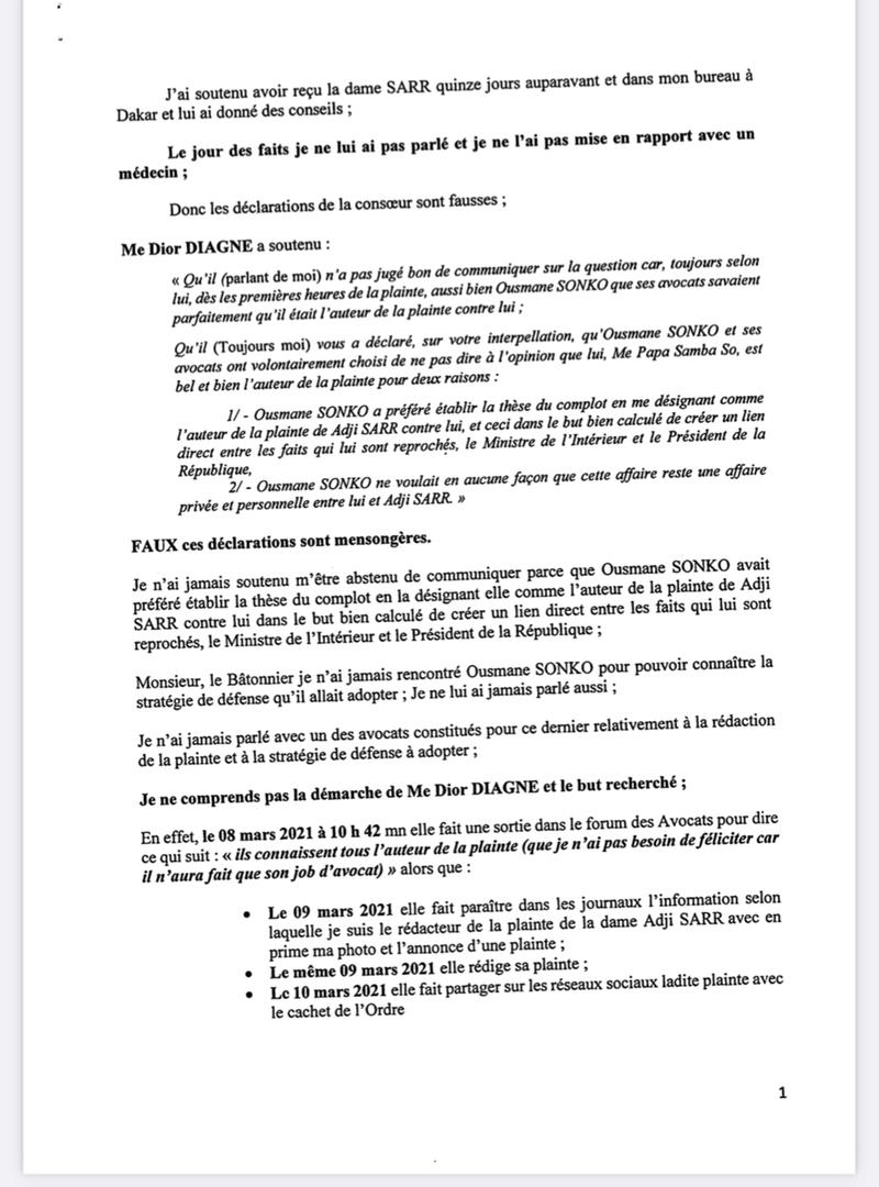 Me Papa Samba So dit n'avoir jamais rédigé la plainte de Adji Sarr, et entend poursuivre en retour Me Diagne pour "dénonciation calomnieuse"