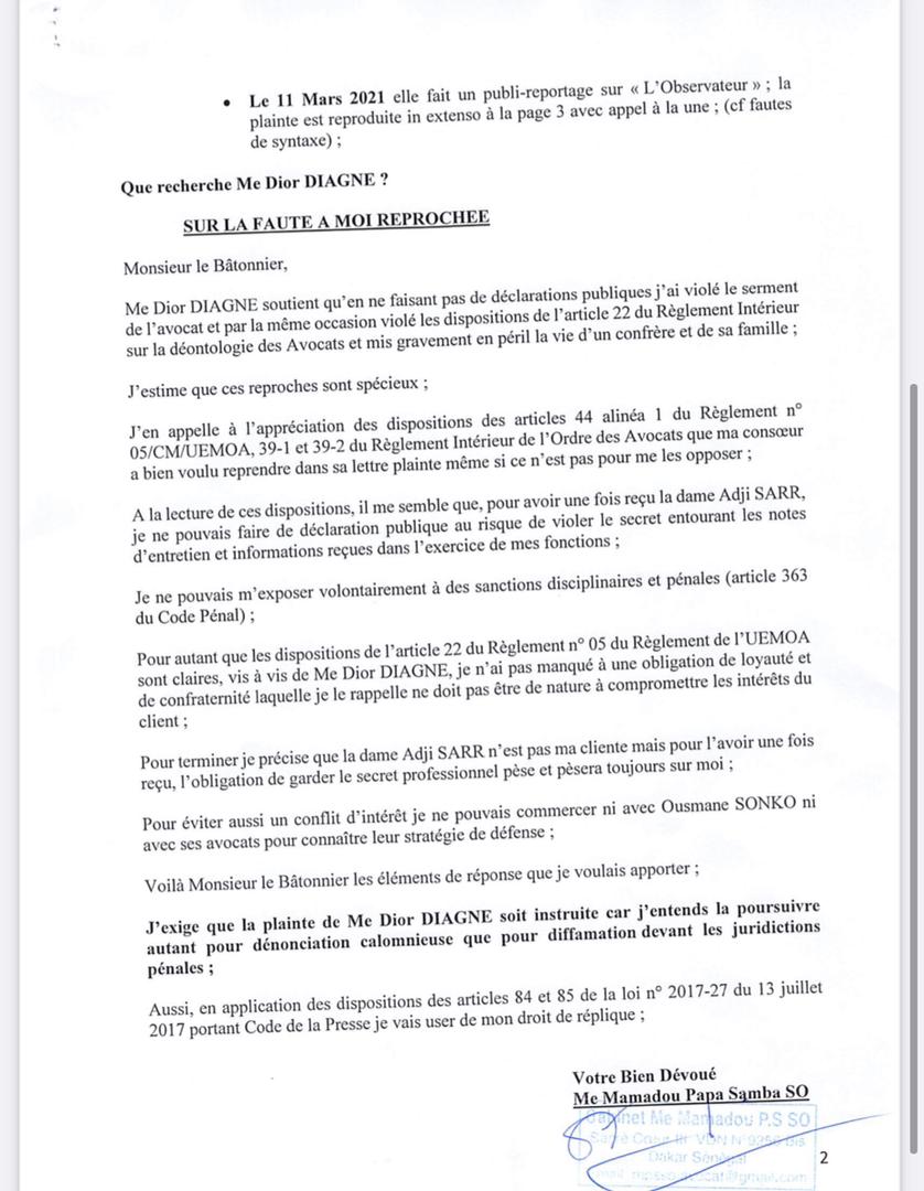 Me Papa Samba So dit n'avoir jamais rédigé la plainte de Adji Sarr, et entend poursuivre en retour Me Diagne pour "dénonciation calomnieuse"