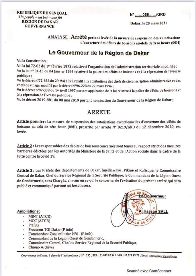 Débits de boisson, dancing et musique : le gouverneur de Dakar lève les restrictions (décrets)