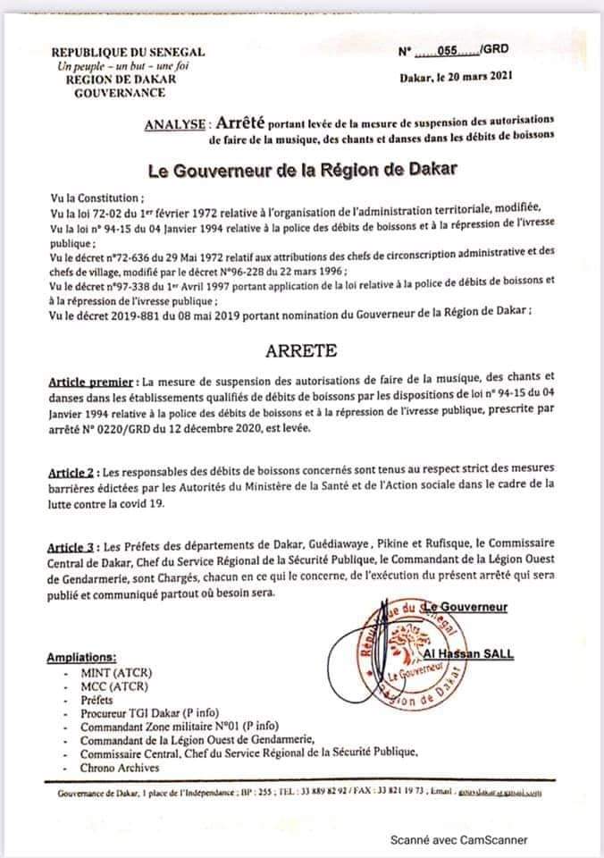 Débits de boisson, dancing et musique : le gouverneur de Dakar lève les restrictions (décrets)