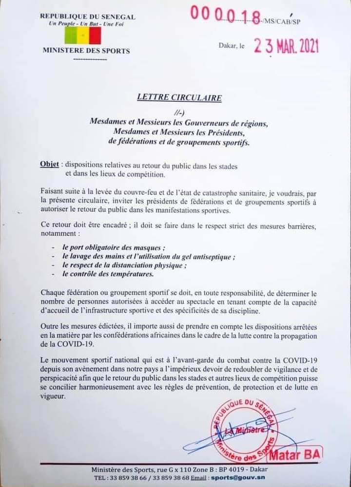 Sénégal: le public autorisé à entrer dans les stades pour suivre les compétitions (Document)