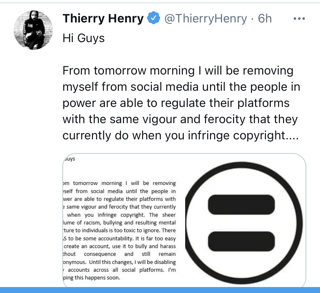 Thierry Henry se retire des Réseaux Sociaux pour dénoncer leur laxisme face au racisme